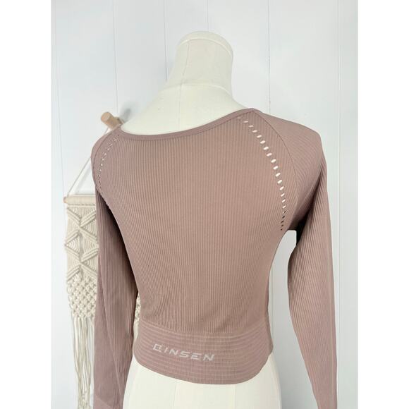 Qinsen Seamless Ribbed Cut Out Long Sleeve Crop Top Small Hazelnut Mocha - Picture 7 of 8